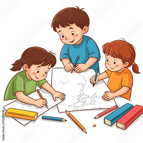 Three diverse children collaboratively drawing on a large paper.