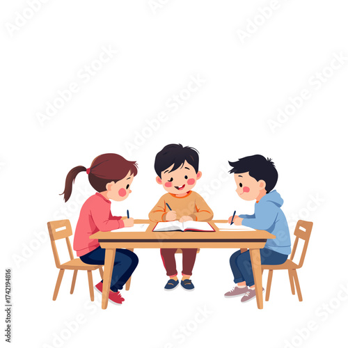 Three diverse children engaged in focused learning at a wooden table.