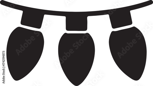 Black silhouette of hanging Christmas string lights, Simple black vector silhouette of three hanging Christmas string lights, symbolizing holiday decoration, celebration, and festive illumination.

