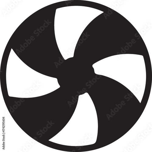 Black and white propeller fan icon silhouette, Minimalist black and white vector icon of a rotating propeller fan, symbolizing air circulation, ventilation, cooling, and mechanical motion.

