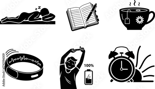 Morning Routine Icons Sleep Journaling Tea Fitness Tracker Stretching Alarm Clock.
