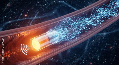 A conceptual illustration of a smart pill transmitting data from inside a human intestine, glowing signals and data packets, on a dark abstract background, future of ingestible sensors