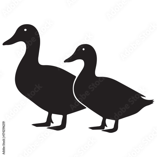 Two ducks silhouette vector icon. Simple black and white graphic of waterfowl birds. Isolated farm or wild animal symbol for a clean logo design