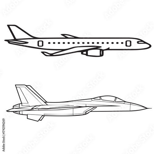 Airplane and fighter jet line art set. Passenger and military aircraft outline illustration for coloring. Aviation vector graphic transport design