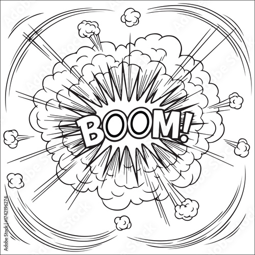 BOOM! comic book explosion effect. Pop art style blast or bang cloud. Black and white cartoon sound effect vector for dynamic action design