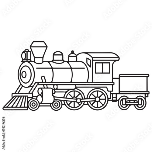 Classic steam train locomotive outline. Vintage railway transport vector for coloring pages. Retro railroad engine black and white illustration