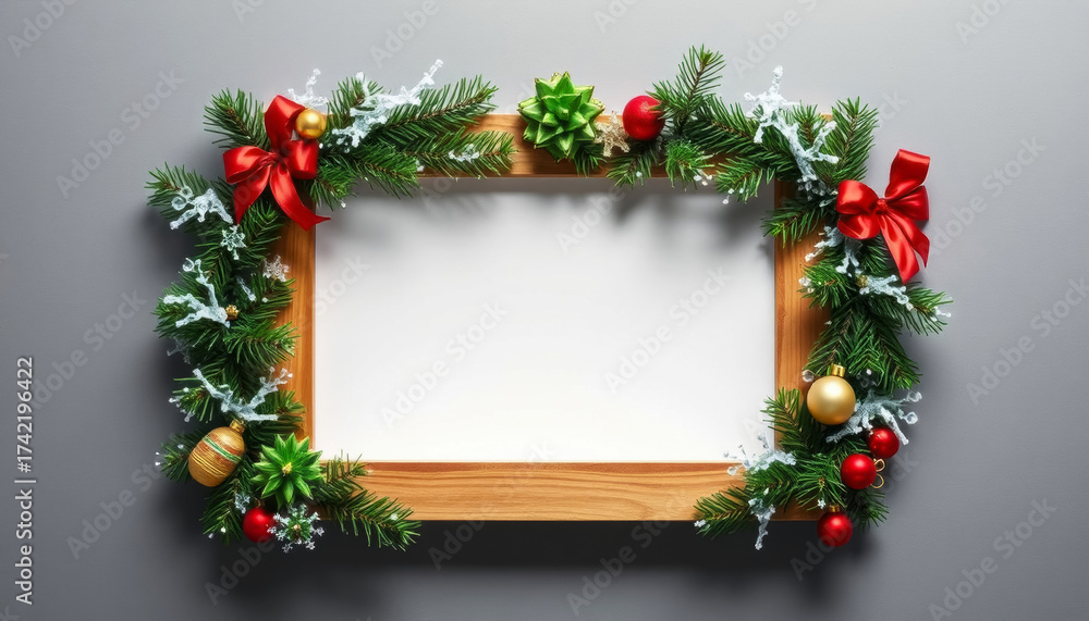 Obraz premium Festive Christmas frame with colorful decorations and greenery for holiday greetings