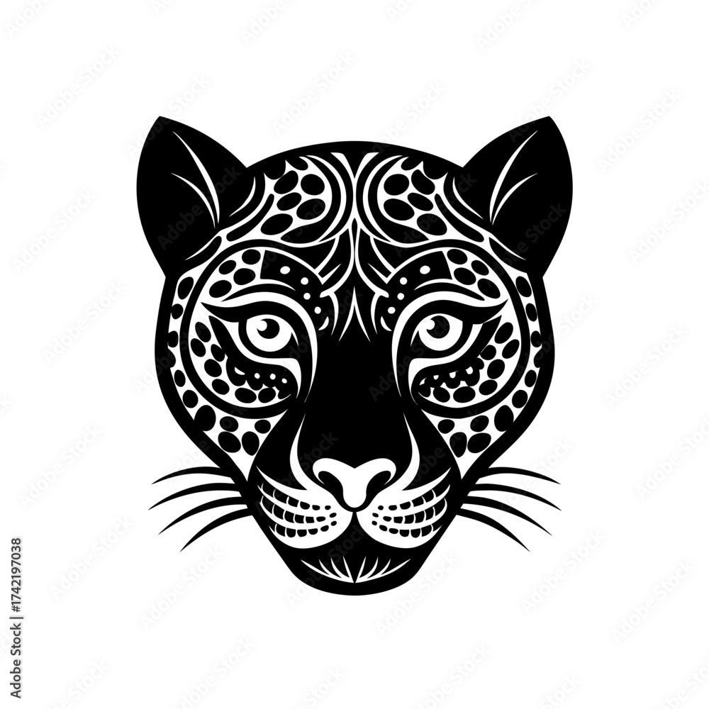 Obraz premium Stylized black jaguar head tribal tattoo on transparent background silhouette