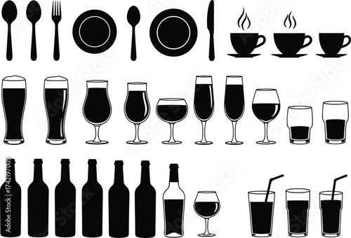 Black and white silhouette icons of cutlery, plates, coffee cups, beer bottles, wine glasses, cocktail drinks, bar restaurant vector illustration