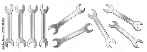 RIsolated realistic chrome wrench tool set from multiple angles. 3D rendering.