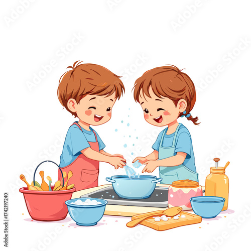 Two happy children in aprons washing hands in a sink.