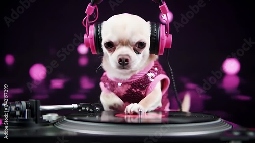 Chihuahua DJ with Pink Headphones and Sequin Top on Turntable in Studio Setting