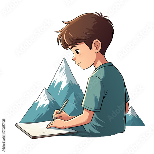Vibrant graphic illustration of a boy with red face and white hair drawing in a sketchbook stylized bluegreen mountains.