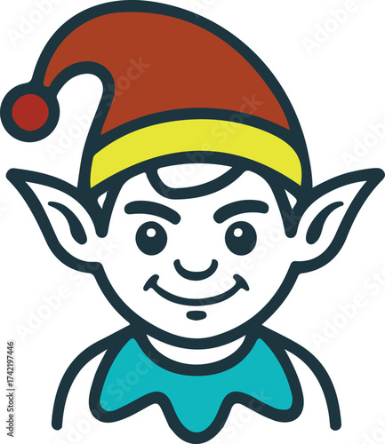 Smiling Christmas elf cartoon illustration, Colorful line art illustration of a cheerful Christmas elf wearing a festive hat, representing holiday helpers and Christmas spirit.

