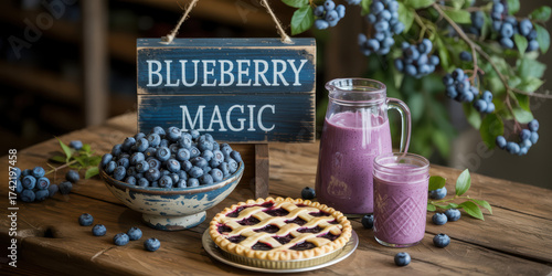 - Blueberries pie and smoothies in rustic blue-purple kitchen scene