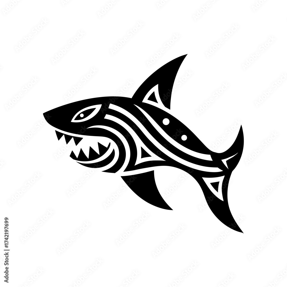 Fototapeta premium Stylized black shark with tribal patterns on transparent background silhouette