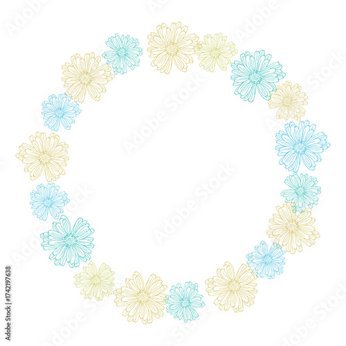Round Floral Frame with Hand-Drawn Daisy Flowers in Pastel Colors