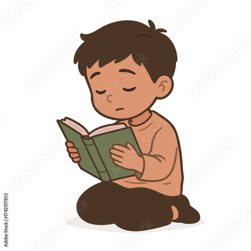 Young boy engrossed in reading a book with closed eyes.