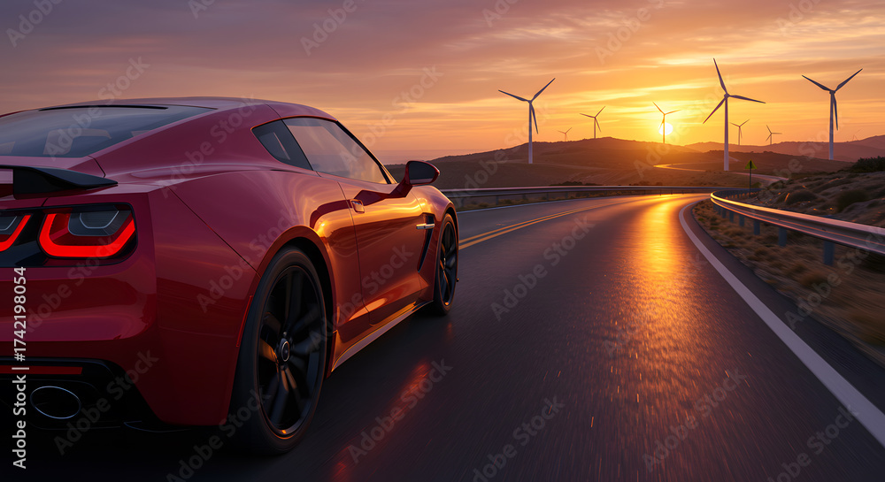 Naklejka premium Experience freedom on the open road with a vibrant red sports car and wind turbines at sunset, a modern landscape