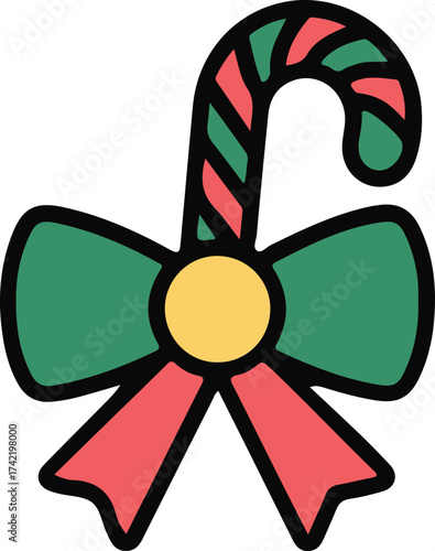 Candy cane with festive bow Christmas decoration, Colorful illustration of a striped candy cane tied with a red and green bow, symbolizing Christmas sweetness and holiday celebration.

