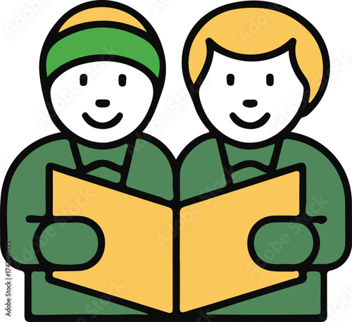 Children Singing Christmas Carols Illustration, Colorful illustration of two cheerful children singing carols together, holding a songbook, representing festive Christmas joy and tradition.

