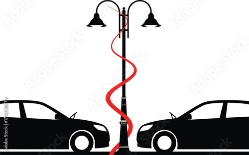 Car crash accident illustration with two vehicles colliding on street, red impact curve, black lamp post, road safety, traffic collision, automobile damage