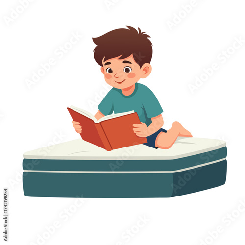 Young boy with white hair happily reading a book on a mattress.