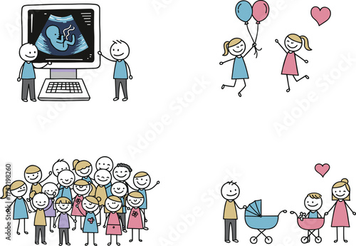 Cartoon family vector illustration with ultrasound pregnancy scan, happy children playing, large family group, newborn baby in stroller, parenting and love
