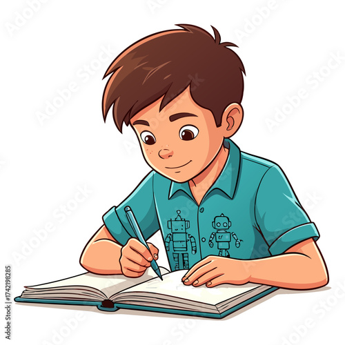 Young Boy Writing in Notebook Wearing RobotEmblazoned Shirt Smiling.