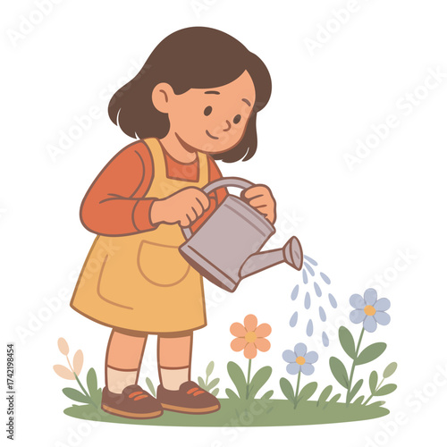 Young girl happily watering colorful flowers in a garden.