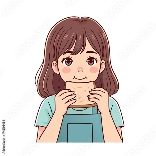 Young Girl Happily Eating a Slice of Toast Bread.