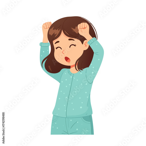 Young Girl in Pajamas Yawning and Stretching Arms Up.