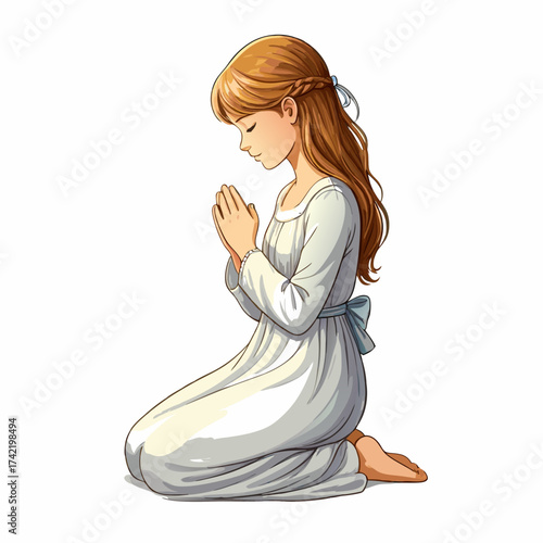 Young Girl Kneeling in Prayer with Hands Clasped and Eyes Closed.