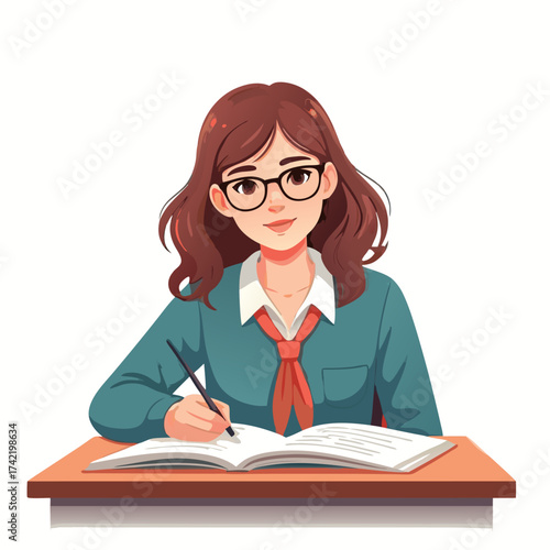 Young Student with Glasses Writing in Notebook at Desk.