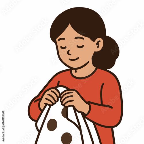Young Woman Holding a White Bag with Brown Polka Dots.