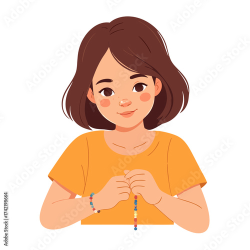 Young Woman Holding Colorful Beaded String with Bracelet on Wrist.
