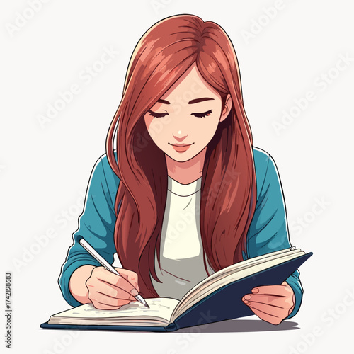 Young Woman with Long Red Hair Writing in Notebook Smiling.