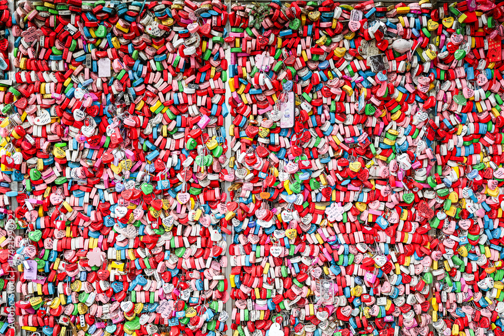 Fototapeta premium Colorful wall of love locks at Namsan Seoul Tower, South Korea, On Saturday, 4 October 2025 use for Editorial.