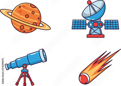 Cartoon space exploration icons set with telescope, planet Saturn, satellite dish, meteor comet, astronomy science vector illustration for education