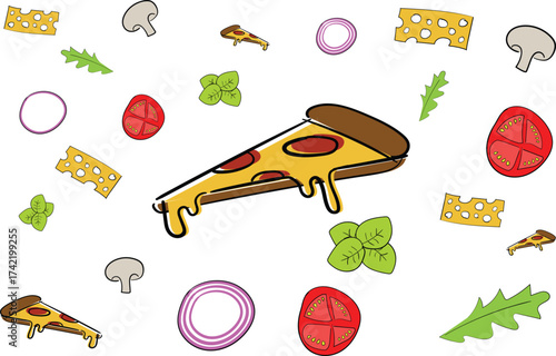Hand drawn pizza slice with organic ingredients vector