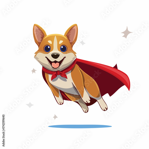 A funny dog in a superhero cape, floating slightly above the ground, white background