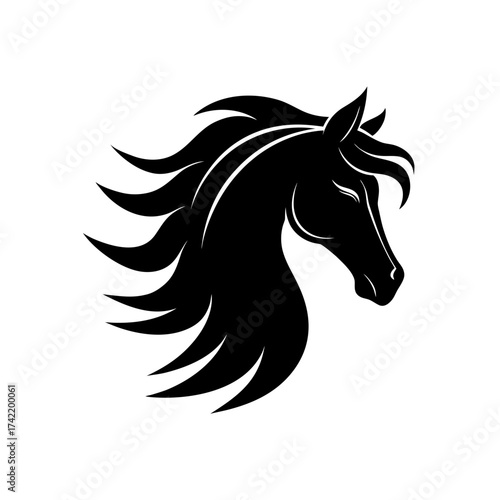 Silhouette of a horse head with flowing mane on transparent background