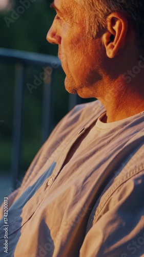 Older man sitting in different poses, reflecting, captured in a nine panel grid, with warm golden hour light highlighting his profile and thoughtful expressions