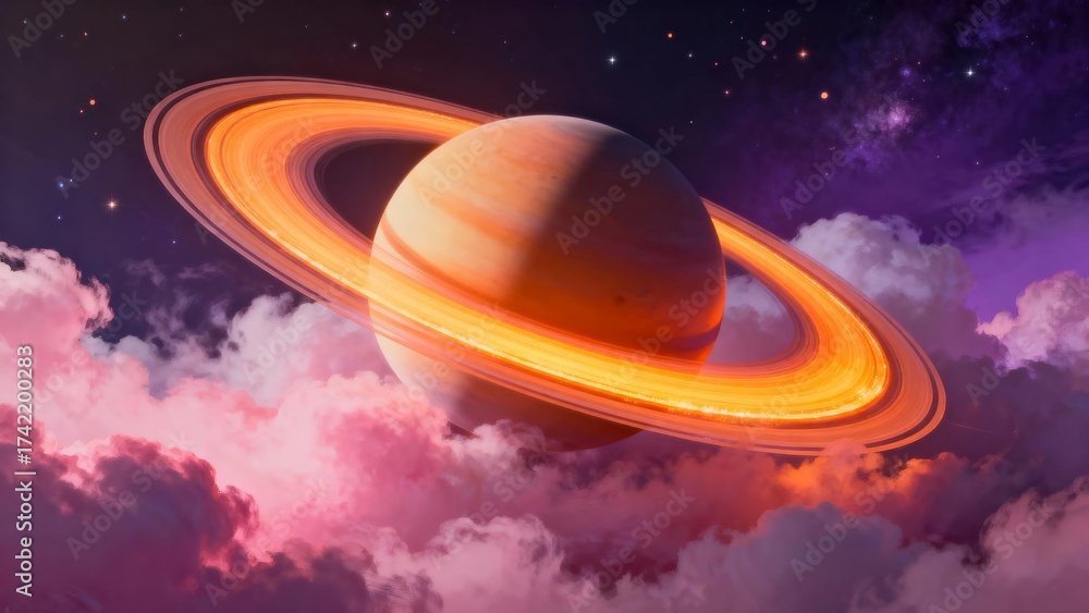 Naklejka premium A stunning depiction of Saturn with its iconic rings, set against a vibrant cosmic backdrop of pink and purple clouds.