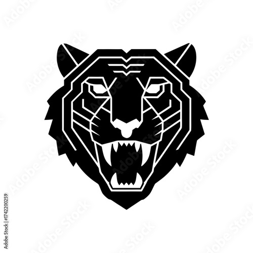 Geometric tiger head in black and white art on transparent background silhouette