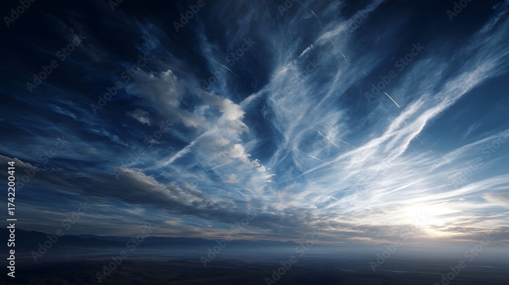 Obraz premium A vast dramatic blue sky is filled with white contrails and clouds stretching over a hazy distant horizon at dawn