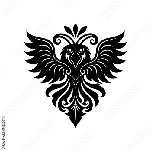 Stylized black bird with spread wings art on transparent background silhouette