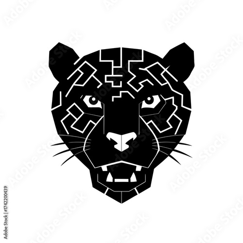 Stylized black jaguar head with white lines on transparent background silhouette