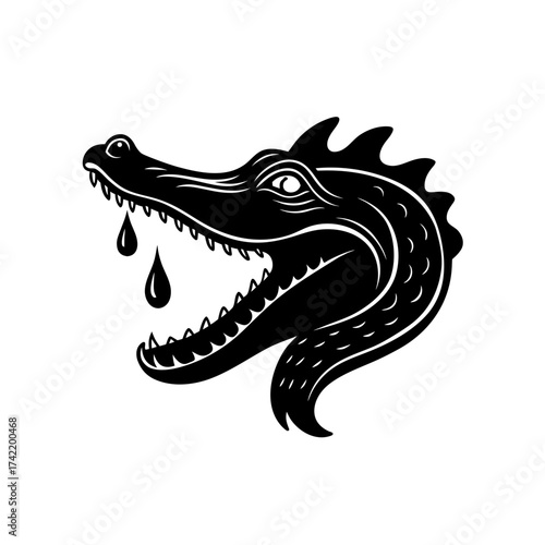 Illustration of a black crocodile head side on transparent background silhouette