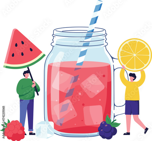 Colorful flat vector illustration of summer refreshing fruit drink in mason jar with ice cubes, watermelon, lemon, raspberry, blueberry and straw